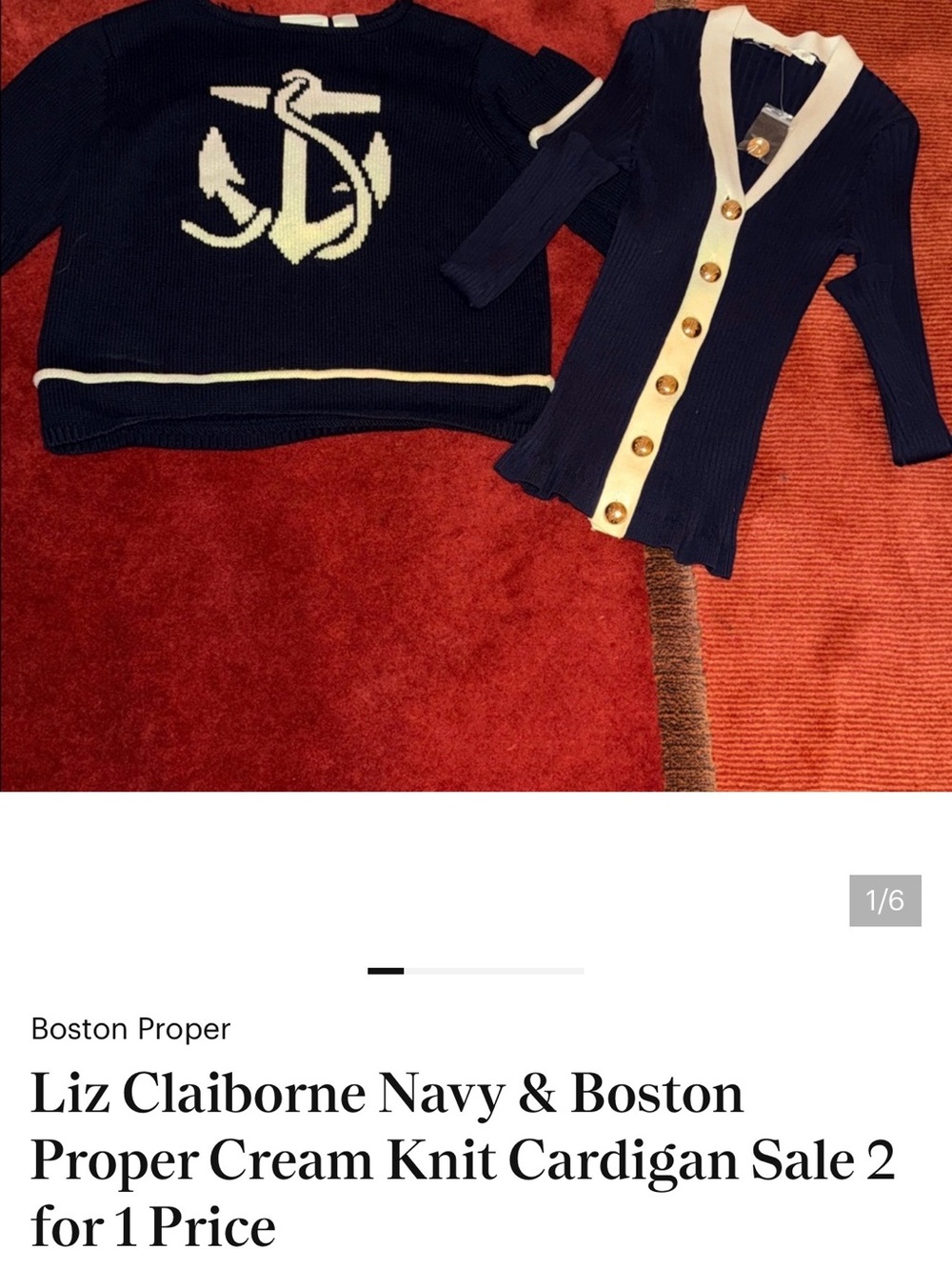 Boston Proper Navy and Cream Ribbed V-Neck Cardigan with Gold Buttons